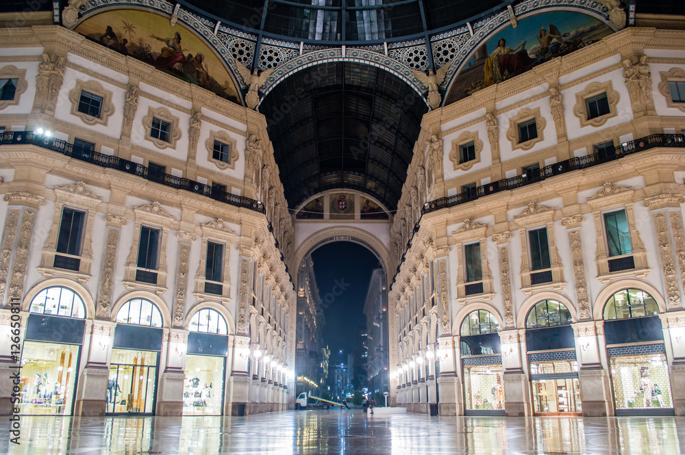 Galleria Vittorio Emanuele interior in the night in Milan, Italy