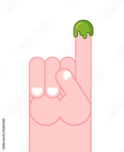 Snot on finger. Pick your nose snivel. Hand and booger. Green sl