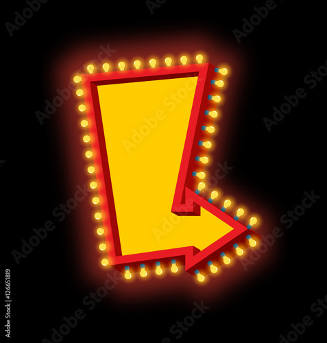 Glowing arrow with lamps. Luminous pointer. Retro cursor with li