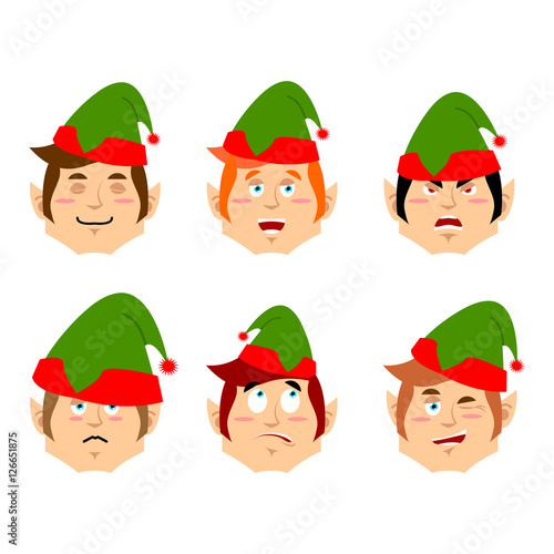 Christmas elf emoji. emotion set. Aggressive and good helper of