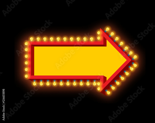 Glowing arrow with lamps. Luminous pointer. Retro cursor with li
