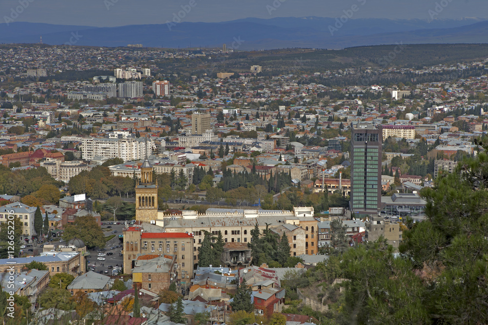 Tbilisi city center aerial view from the mountain Mtazminda, Tbilisi Georgia