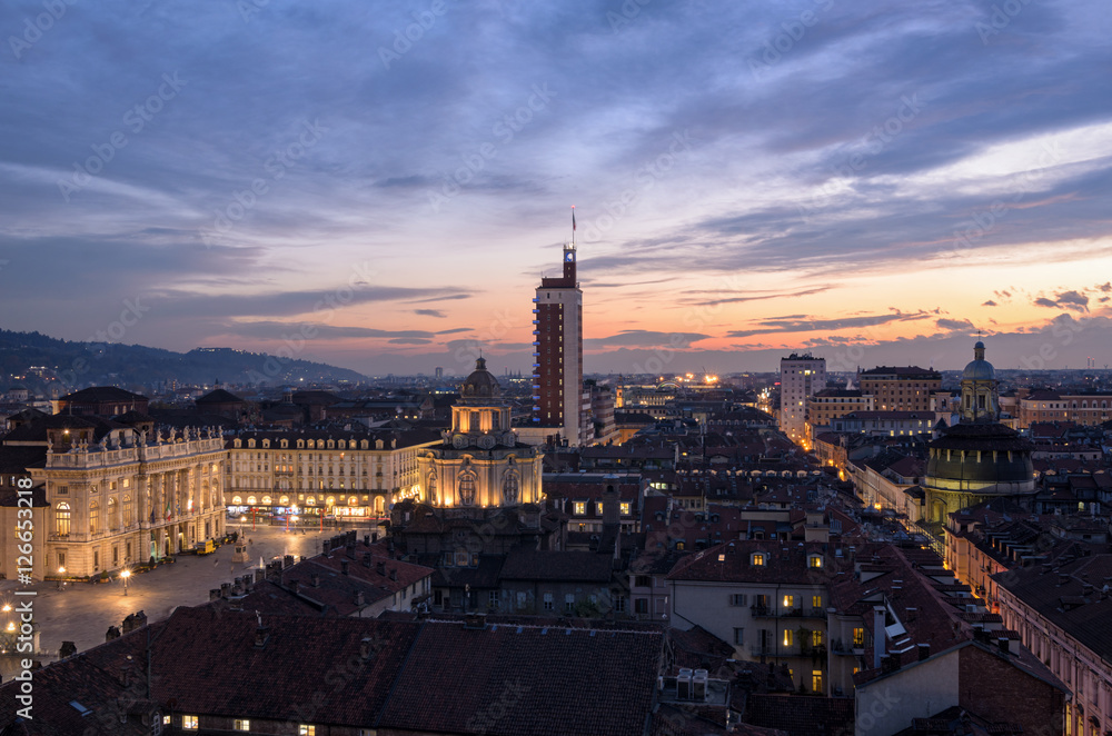 Turin (Torino) panoramic view on Piazza Castello from the Cathedral bell tower at sunset
