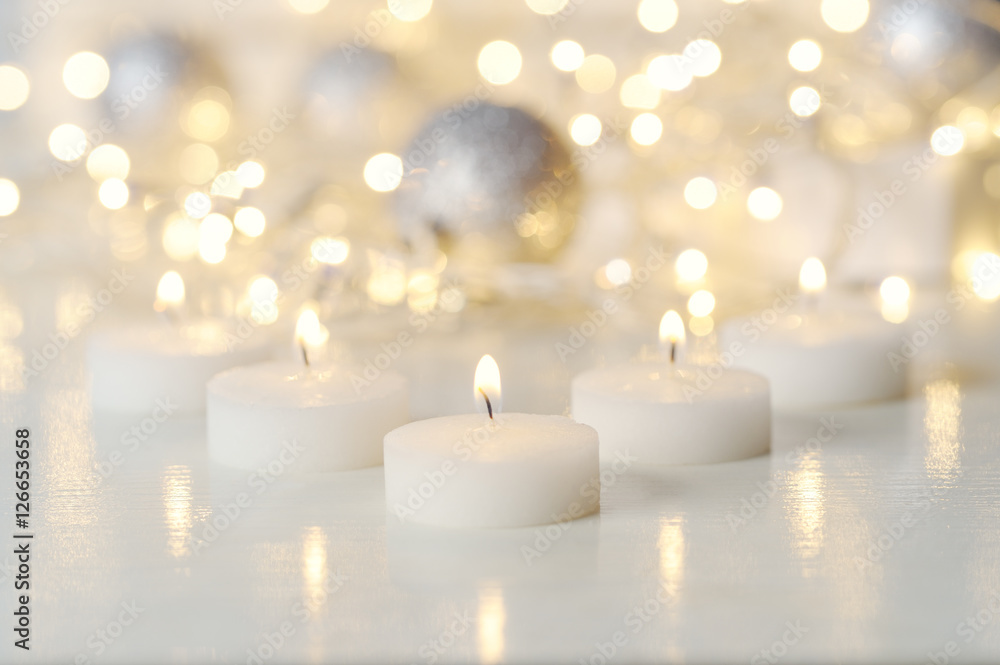 Candles and Christmas decoration with Defocused lights. Candles and Christmas decoration with Defocused lights.