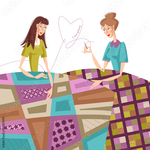 Two women make  quilts. Patchwork. I love quilting.