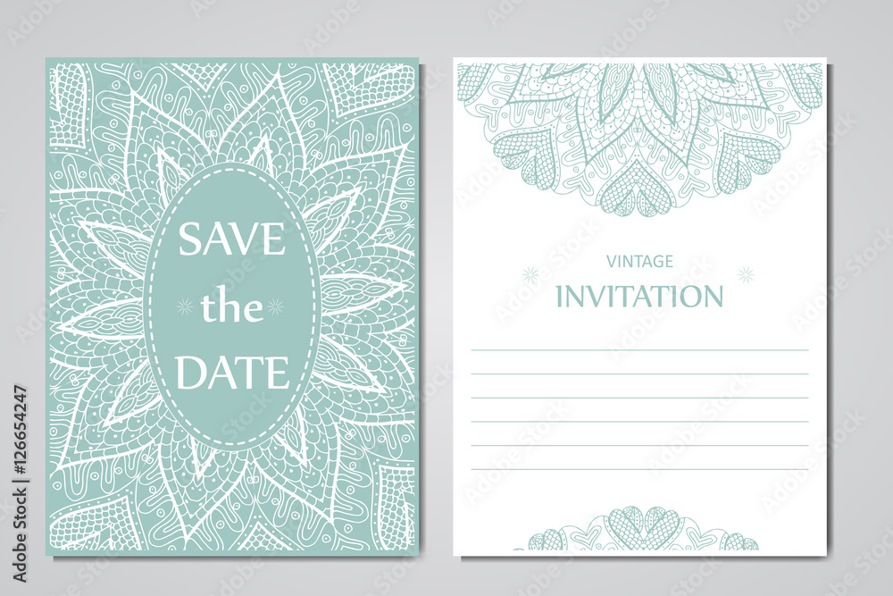 Wedding card collection with mandala. Template of invitation card. Decorative greeting invitaion design with vintage Islam, arabic, indian matifs.