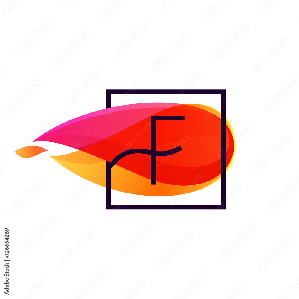 F letter logo in square frame at fire flame background.