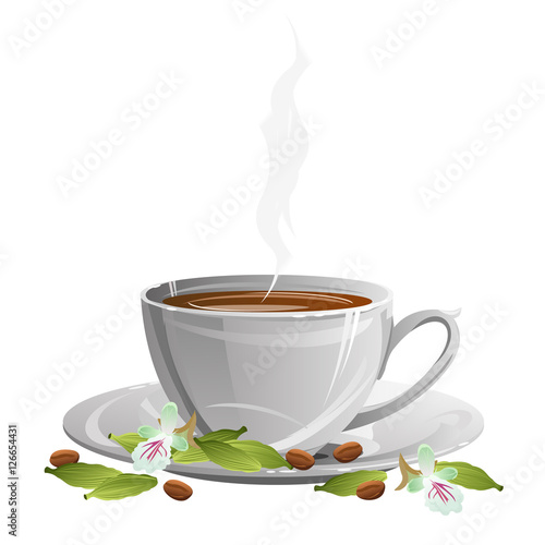 Coffee cup on saucer with coffee beans, cardamom pods and flowers. Vector illustration.