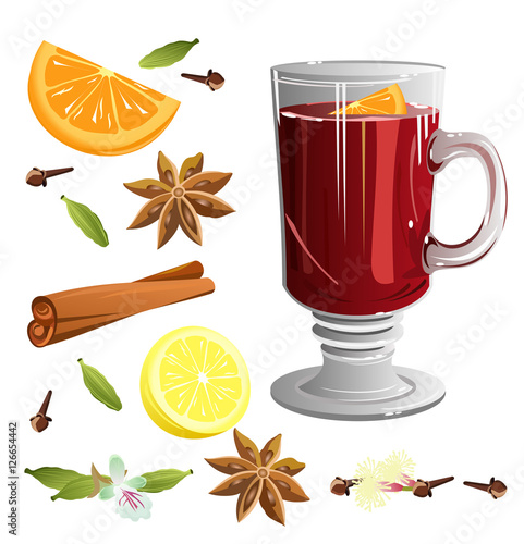 Mulled wine with set of ingredients (cinnamon sticks, star anise, orange, cloves, cardamom, lemon). Vector illustration.
