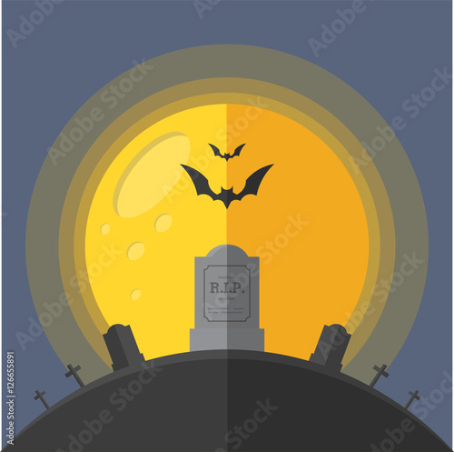Halloween Moon and Coffin Flat Vector Illustration