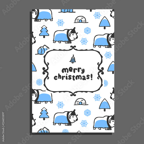 Merry christmas greeting card template with cute cartoon musk-ox. Vector snowflakes and icebergs. Arctic animal wears scarf