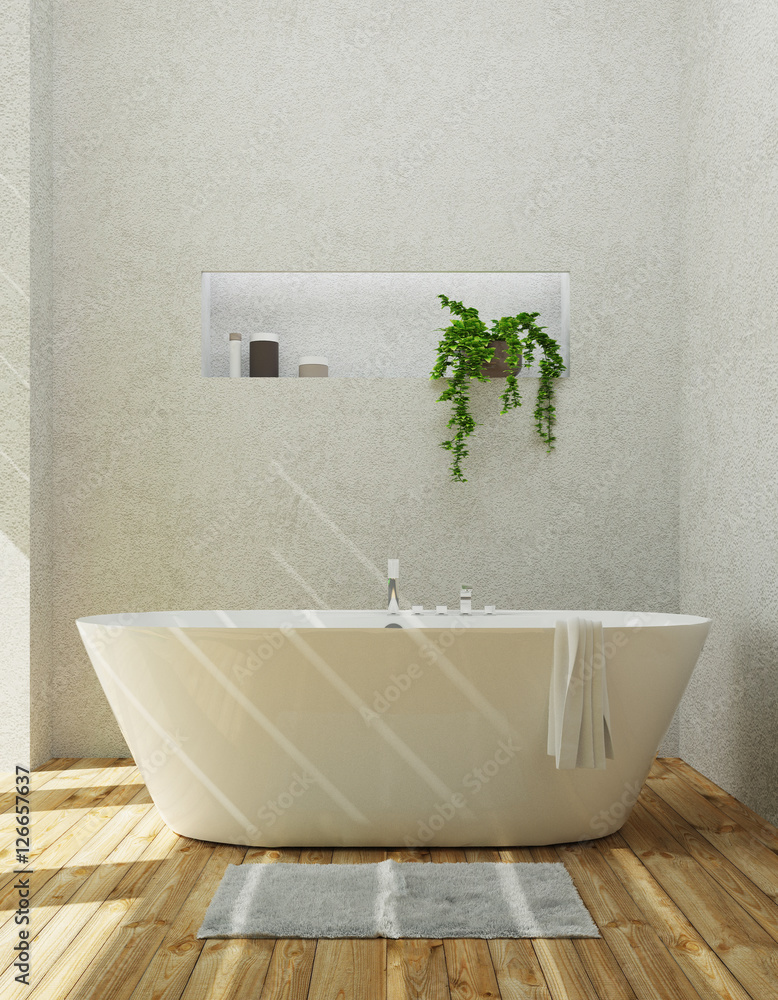 Vasca da bagno ceramica bianca di lusso con tappeto rendering 3d Stock  Illustration