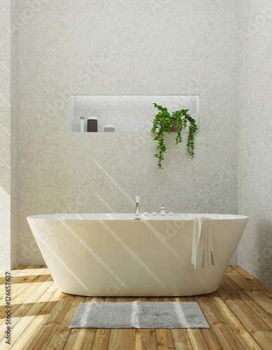 Vasca da bagno ceramica bianca di lusso con tappeto rendering 3d photo