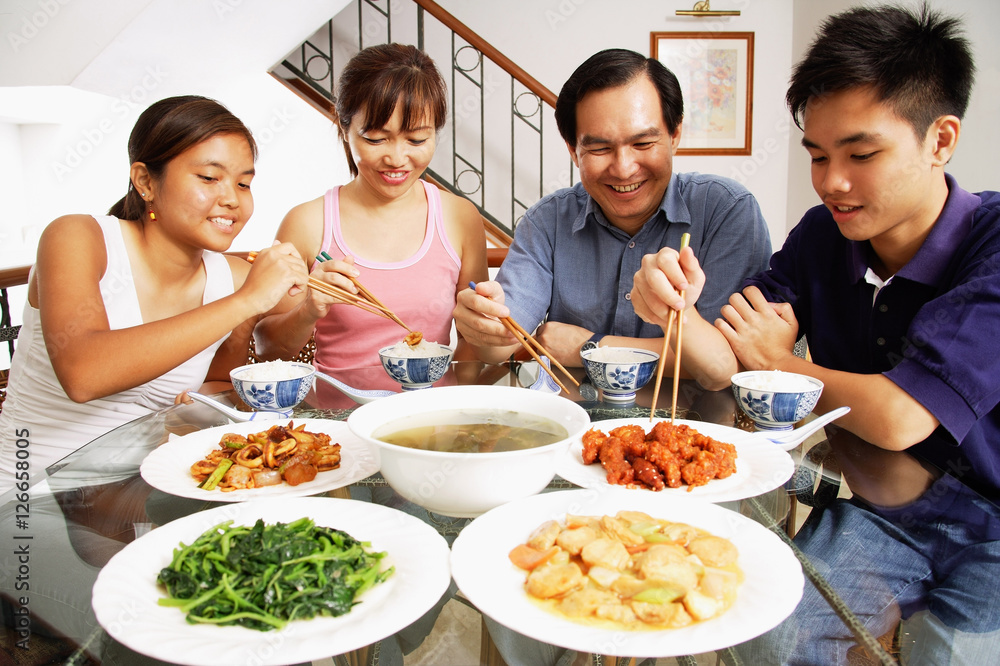 Family at home eating around dining table