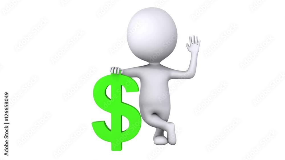 3d white man stand with green dollar sign. Wave hello. Render isolated on white screen chroma key. Money concept. Alpha matte included 3d white man stand with green dollar sign. Wave hello. Render isolated on white screen chroma key. Money concept. Alpha matte included