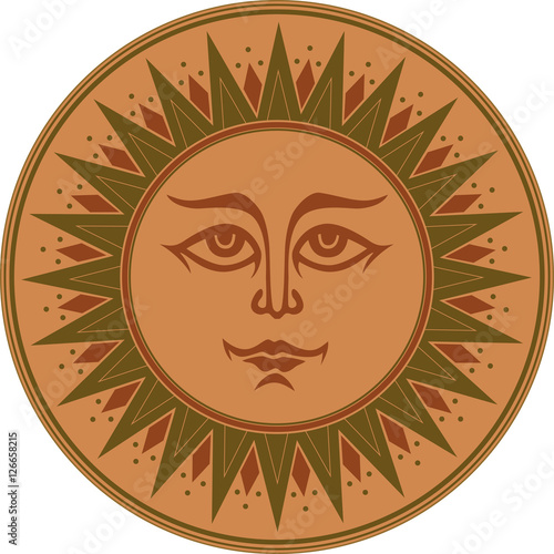 Vintage brown green ethnic ornament mural occult smiling sun