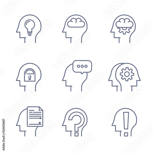 Thin line icons set of human mind, thinking process, learning.  Line logo