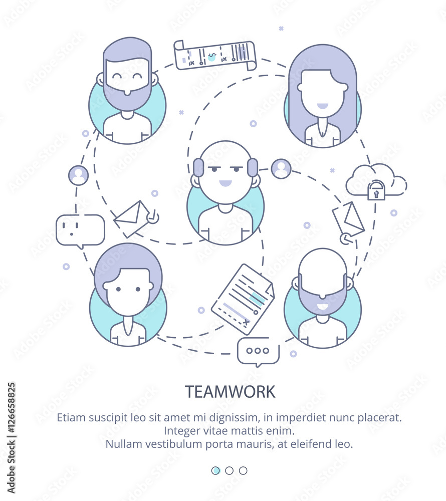 Web Page Design Template of Company Profile, Teamwork, Corporate Business Workflow, Career Opportunities, Team Skills, Management. Flat Layout Style, Line Business Concept, Vector Illustration.