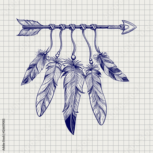 Ball pen sketch arrow with feathers on notebook page. Vector illustration photo