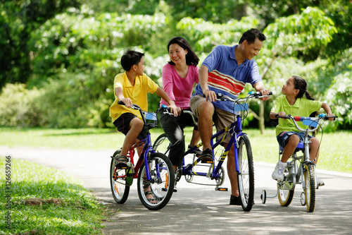 Family in park, riding bicycles