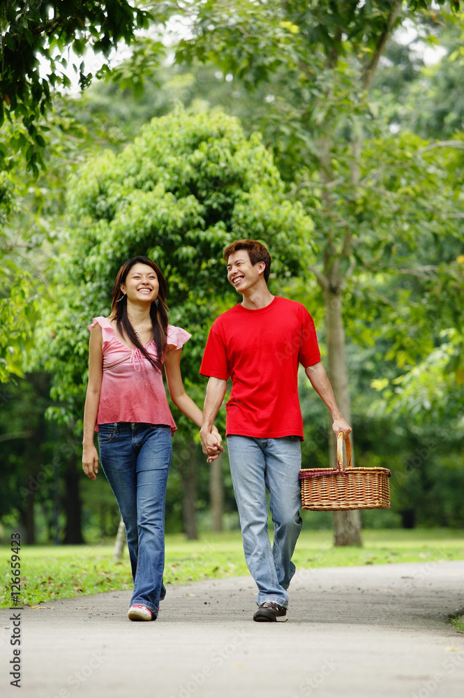Fototapeta premium Couple holding hands and walking in park , man carrying picnic basket