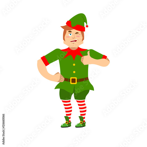 Good Christmas elf winks and thumbs up. Sign all is well. Cute j