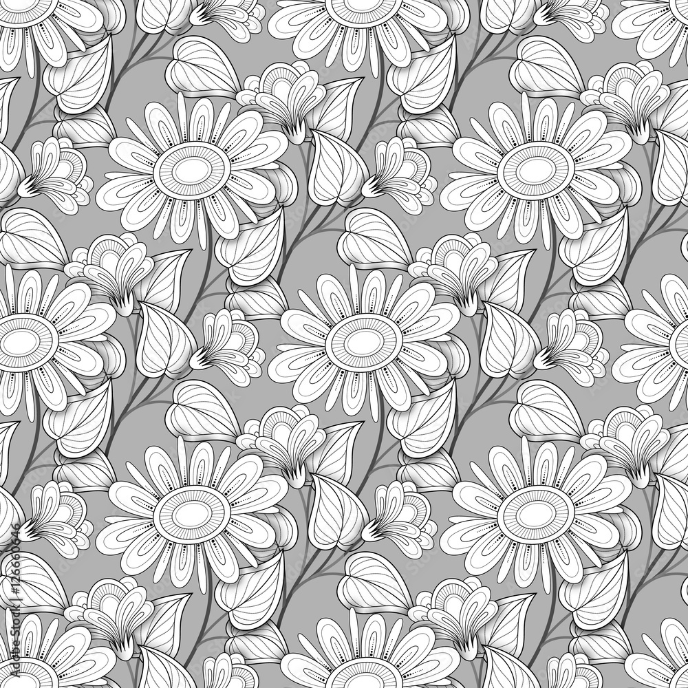 Vector Seamless Monochrome Floral Pattern