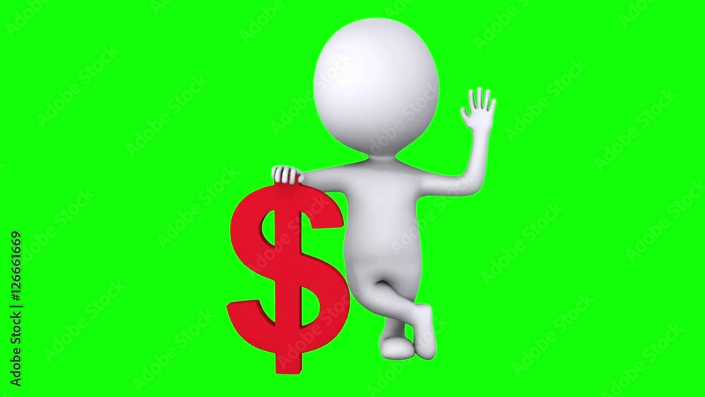 3d white man stand with red dollar sign. Wave hello. Render isolated on green screen chroma key. Money concept. 3d white man stand with red dollar sign. Wave hello. Render isolated on green screen chroma key. Money concept.