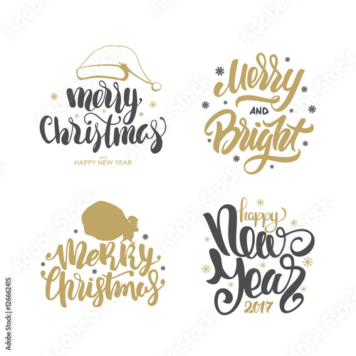 Vector illustration  Set of hand drawn golden winter holidays inscription. Merry and Bright Christmas and Happy New Year on white background.