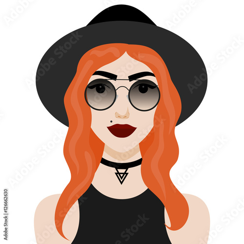 Vector illustration with hipster girl, geek glasses, hat in flat style.