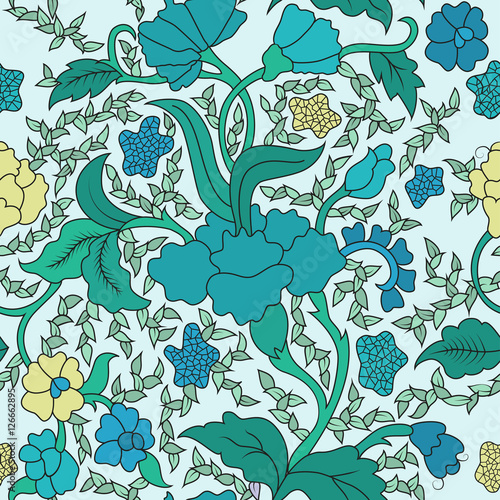 Colorful Blue and Yellow East Asian Seamless Repeating Floral Pattern