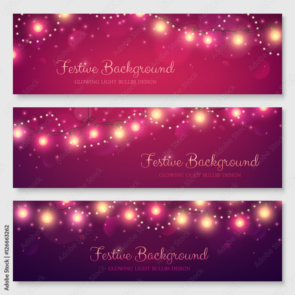 Festive header design for your site. Glowing light bulbs background. Vector illustration. Christmas banners set. Festive header design for your site. Glowing light bulbs background. Vector illustration. Christmas banners set.