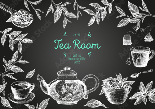 Vector illustration for Tea Shop. Vector card design with tea. Poster for tea house. Vector hand drawn set. Linear graphic banner.