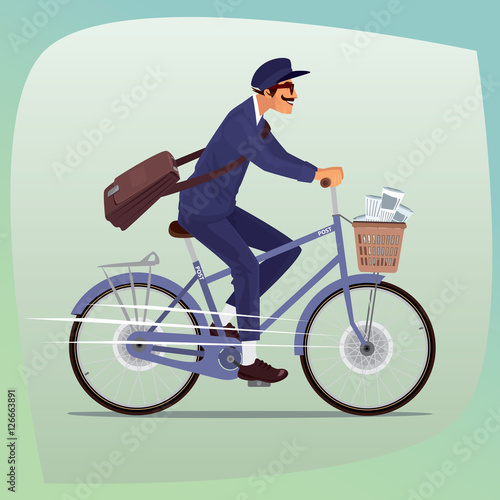 Adult funny man with mustache works as postman. He rides on bicycle with basket of newspapers and magazines. On the shoulder hanging bag with letters. Cartoon style