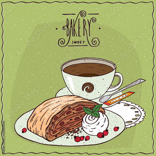 Apple Viennese strudel with vanilla ice cream with cup of tea, lie on lacy napkin. Green background and ornate lettering bakery. Handmade cartoon style