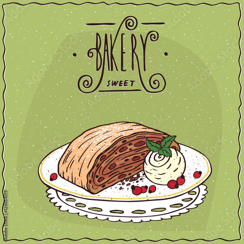 Apple Viennese strudel with vanilla ice cream, lie on lacy napkin. Green background and ornate lettering bakery. Handmade cartoon style