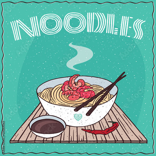 Japanese or Chinese dish of wheat noodles and shrimp, known as Ramen or Udon, on wooden mat with chopsticks. Nearby chili pepper and soy sauce in cup. Hand drawn