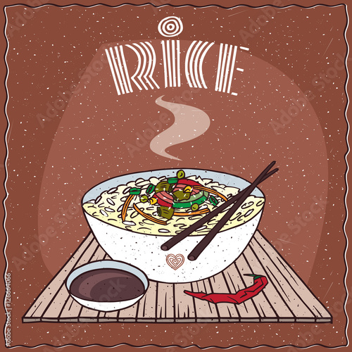 Indian or Malaysian dish of steamed rice and vegetables, known as Dal bhat or Nasi kandar, in white bowl on wooden mat with chopsticks. Nearby chili pepper. Hand drawn