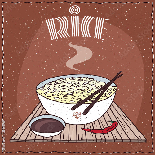 Indian or Malaysian dish of steamed rice, known as Dal bhat or Nasi kandar, in white bowl on wooden mat with chopsticks. Nearby chili pepper. Hand drawn