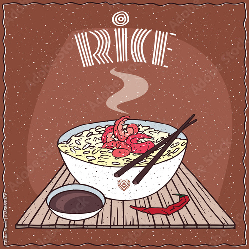 Indian or Malaysian dish of steamed rice and shrimp, known as Dal bhat or Nasi kandar, in white bowl on wooden mat with chopsticks. Nearby chili pepper. Hand drawn