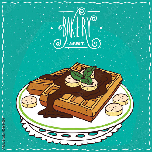 Belgian waffles with chocolate and banana on plate, lie on lacy napkin. Cyan background and ornate lettering bakery. Handmade cartoon style