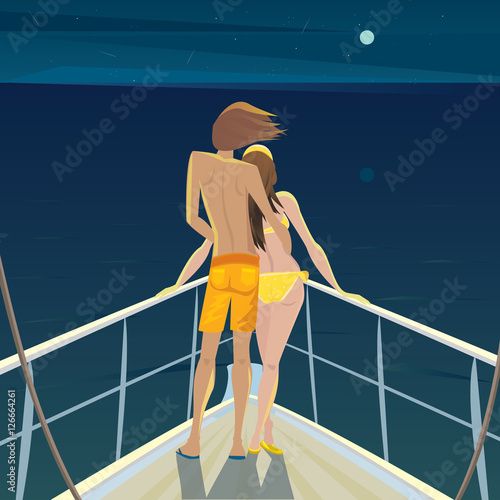 Young man and a beautiful girl standing on the deck at night and admire the moon and stars - Romantic date or Calmness concept