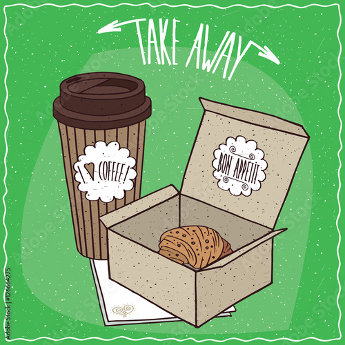 Croissant in carton box and coffee in paper cup, lie on napkin. Take away kit for breakfast concept. Green background. Handmade cartoon style