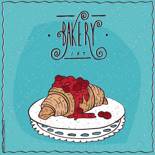 Beautiful croissant drizzled with syrup or jam of red berries, lie on lacy napkin. Blue background and ornate lettering bakery. Handmade cartoon style
