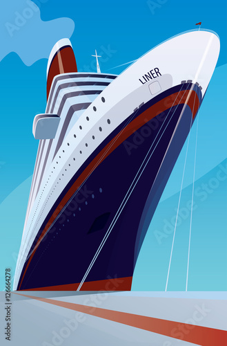 Huge cruise liner moored at the pier. Front view. Transportation or ship docked concept