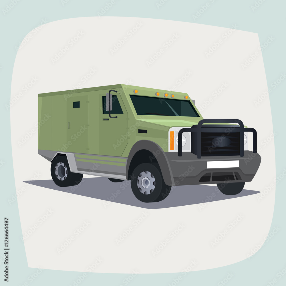 Isolated, detailed images of three-dimensional collector car, armored vehicle with cash, the main device of collector guards, in cartoon style. Side front view
