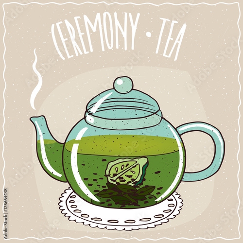 Transparent glass teapot with hot brewed tea with bergamot, lie on a lacy napkin. Beige background and ornate lettering Ceremony tea. Handmade cartoon style