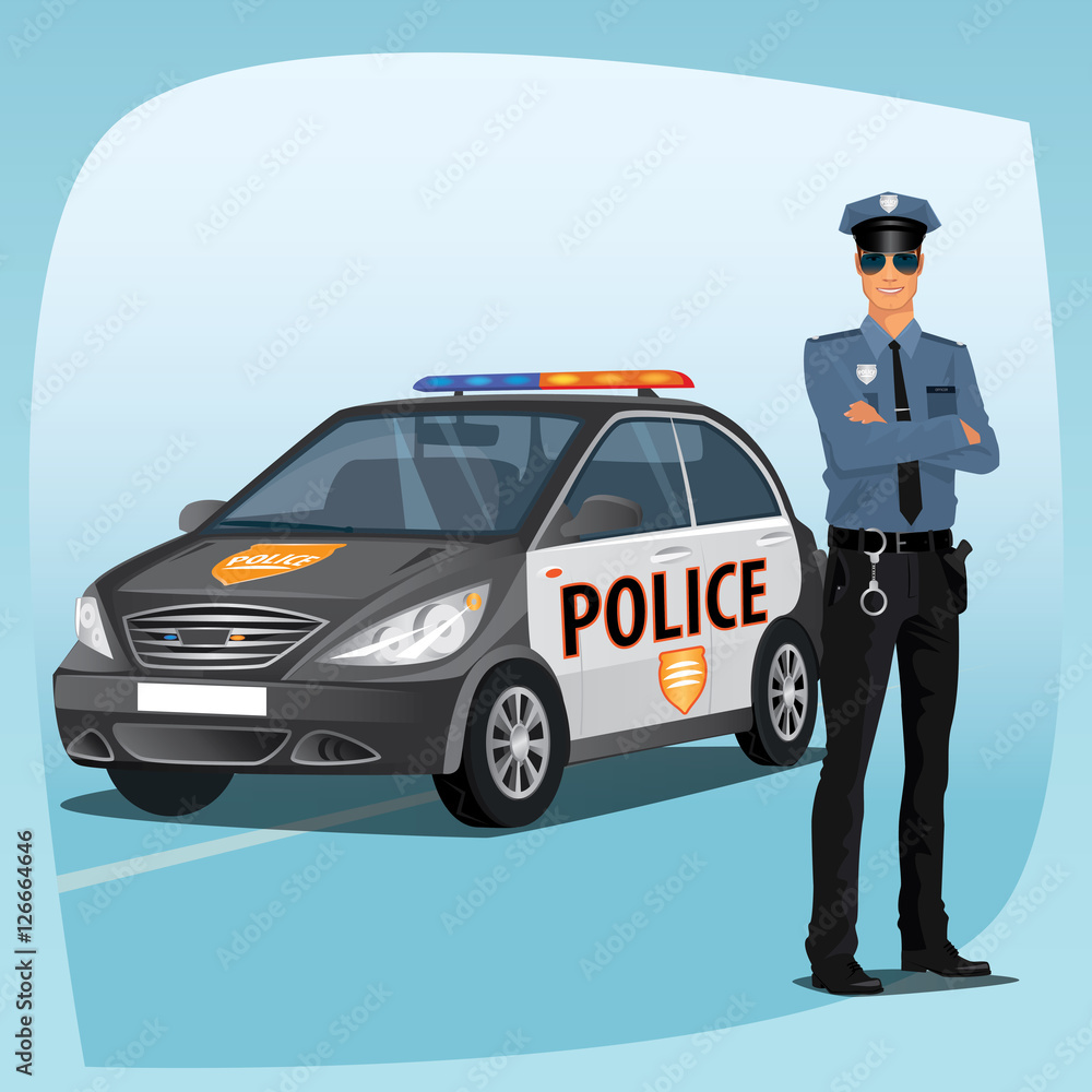 Police officer, man of police force, standing full face in uniform of policeman, with typical outfit for law enforcement agency. In the background a patrol car Police officer, man of police force, standing full face in uniform of policeman, with typical outfit for law enforcement agency. In the background a patrol car