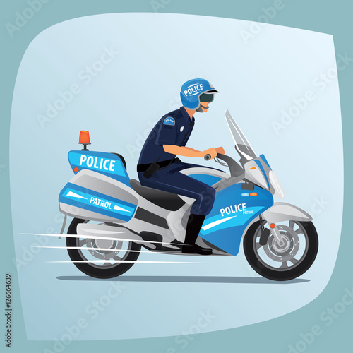 Police officer, man of police force, in uniform of policeman, with typical outfit for law enforcement agency, riding on motorcycle patrol. Side view