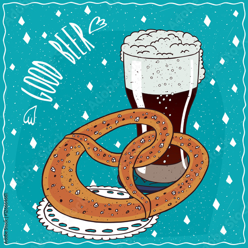 Baked bread similar to pretzel or kringle with glass of dark beer such as stout or porter. Blue background and lettering Good beer. Handmade cartoon style